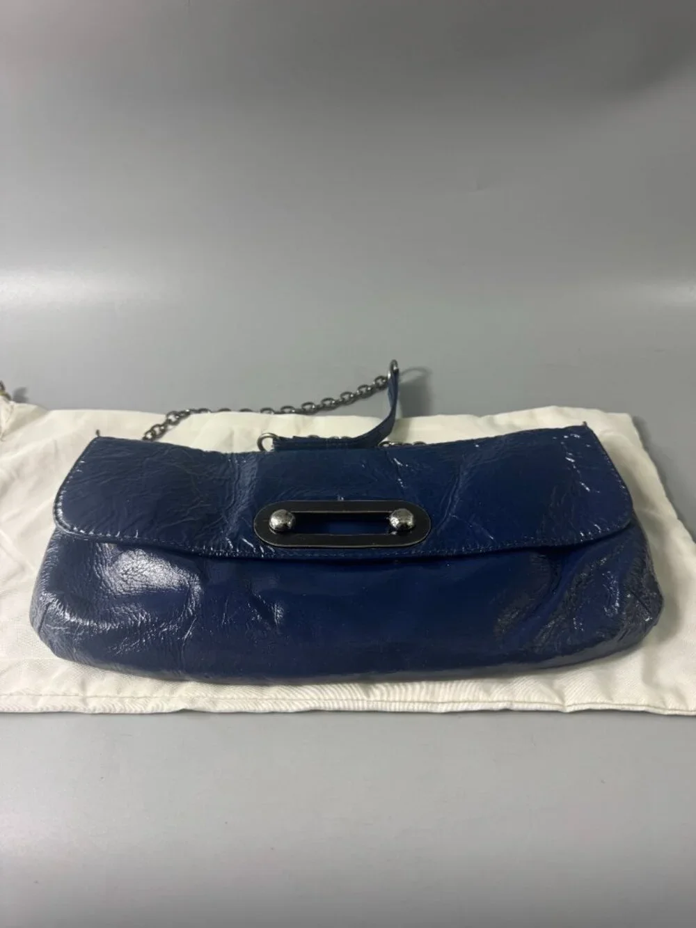 HOBO INTERNATIONAL Blue Patent Leather Envelope Hand Bag Purse Chain